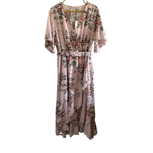 Keluummi Dress Womens 16 Pink Floral Print V Neck High Waisted Adjustable Belt - Picture 1 of 10